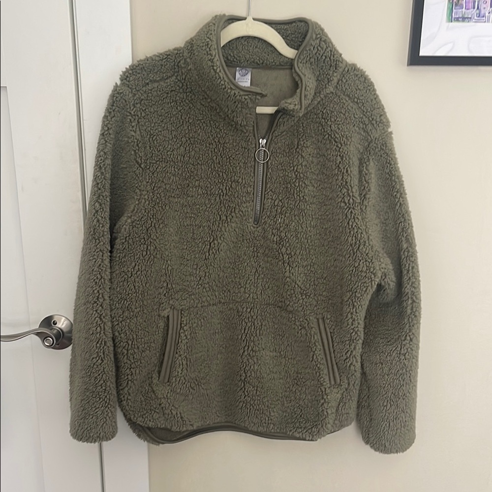 Olive Green Sherpa Quarter-Zip Sweater